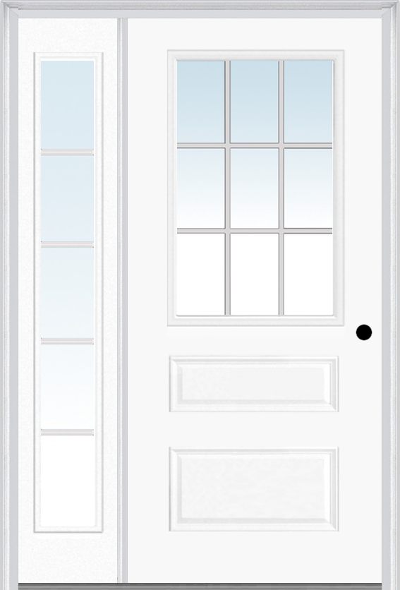 MMI 1/2 Lite Horizontal 2 Panel 3'0" X 6'8" Fiberglass Smooth White Grilles Between Glass Exterior Prehung Door With 1 Full Lite White Grilles Between Glass Sidelight 631 GBG 690 GBG